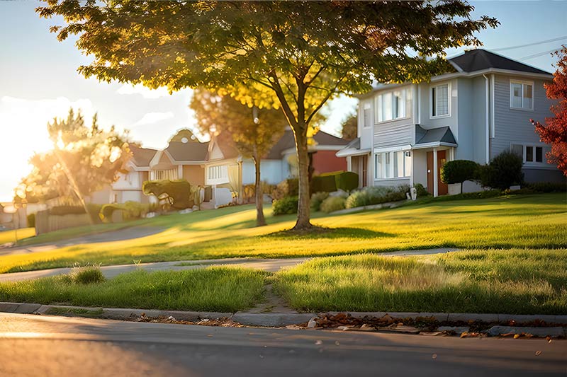 A residential neighborhood with green grass